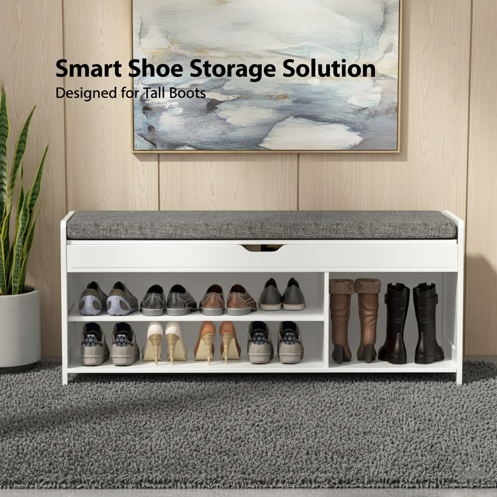 CHITOOMA Shoe Storage Bench, 43.4" Wide Shoe Bench with Padded Seat Cushion and Lift Top Storage, Bench with Barn Doors and Adjustable Shelf for for Entryway, Bedroom, Living Room, White