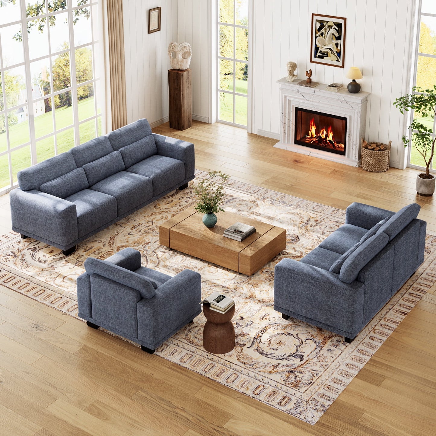 CHITOOMA 65" Loveseat Sofa for Living Room, Comfy Linen Couch with 2 Pillows, Deep Seats, Wide Armrests, Removable Covers & Sturdy Steel Frame, Blue