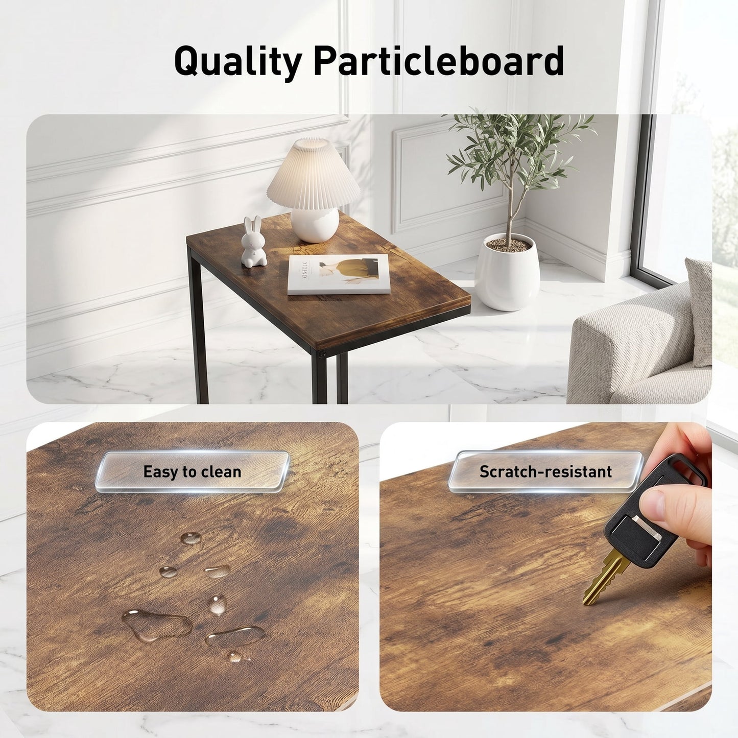 2 PCS C Shaped Sofa Side End Table，Side Table TV Tray Table for Sofa,Couch Table with metal frame for livingroom,Bedroom,Rustic Brown