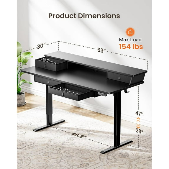 CHITOOMA 63″ x 30″ Standing Desk with Drawers, Electric Height Adjustable Sit Stand Desk with Storage Shelf, 4 Memory Preset Computer Desk with Cable Management Tray for Home Office, Black