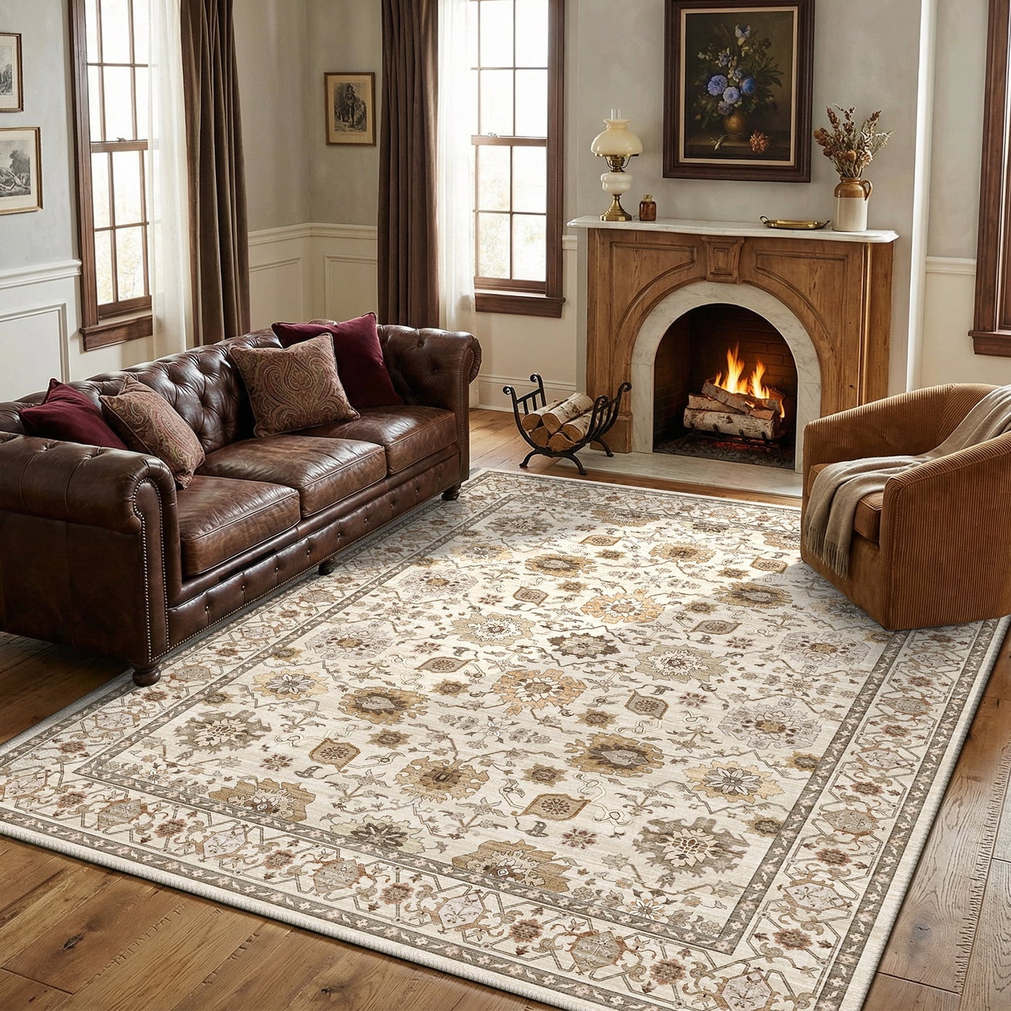 CHITOOMA 5'x7' Area Rugs for Living Room, Boho Machine Washable Stain Resistant Non-Shed Carpet, Floral Area Rug with Non-Slip Backing for Bedroom, Dining Room, Dorm, Office