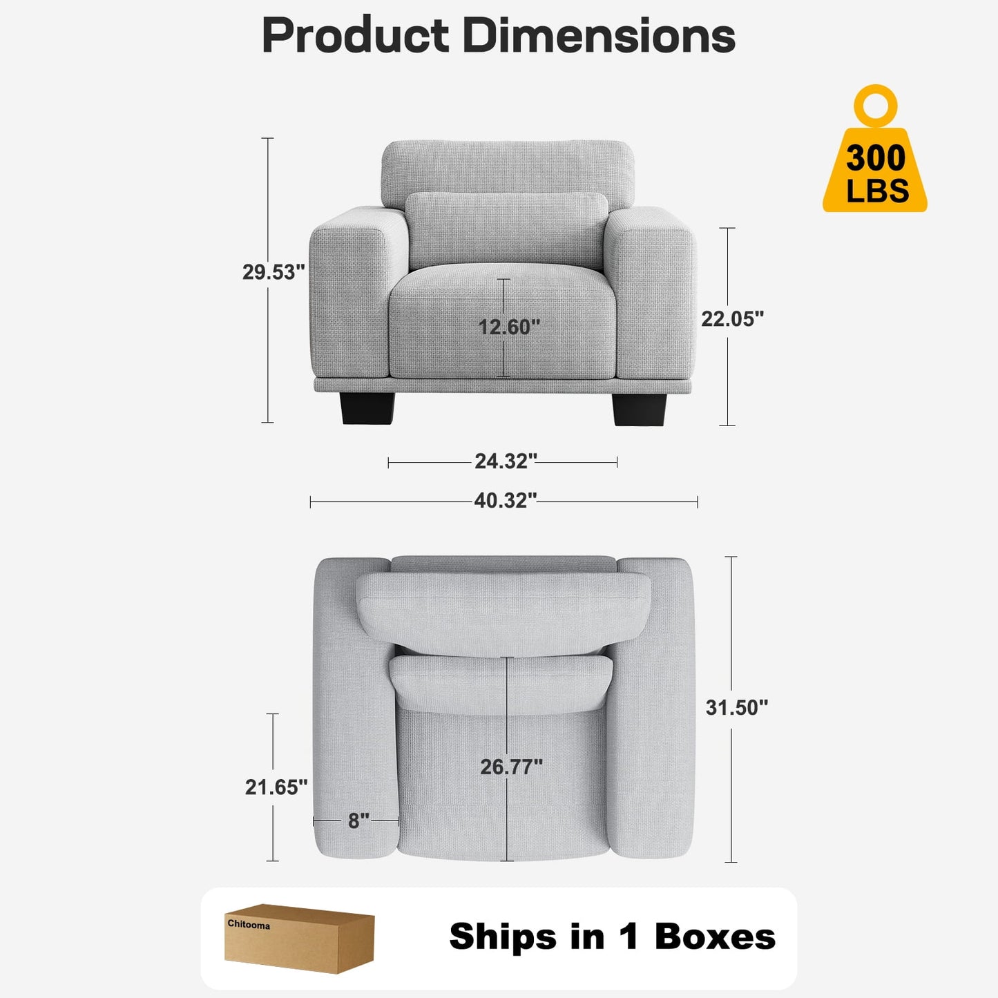 CHITOOMA 40" Oversized Accent Chair, Linen Upholstered Armchair with Washable Covers & Pillow, Wide Armrests, Deep Seat Sofa Chair for Living Room, Bedroom, or Office, Gray