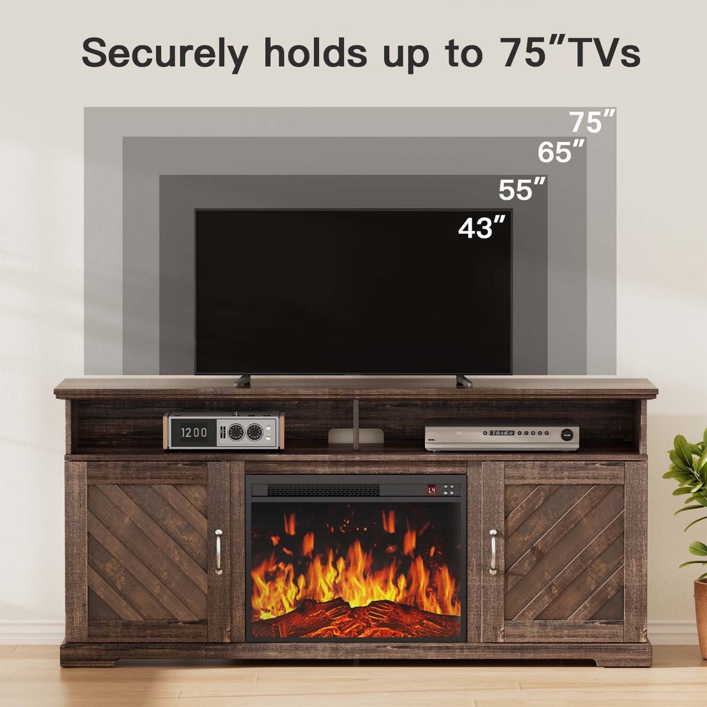 CHITOOMA Electric Fireplace TV Stand for 65 70 75 inch TV with Remote Control, Farmhouse Entertainment Center with 23″ Fireplace for Living Room, Bedroom,Vintage Brown