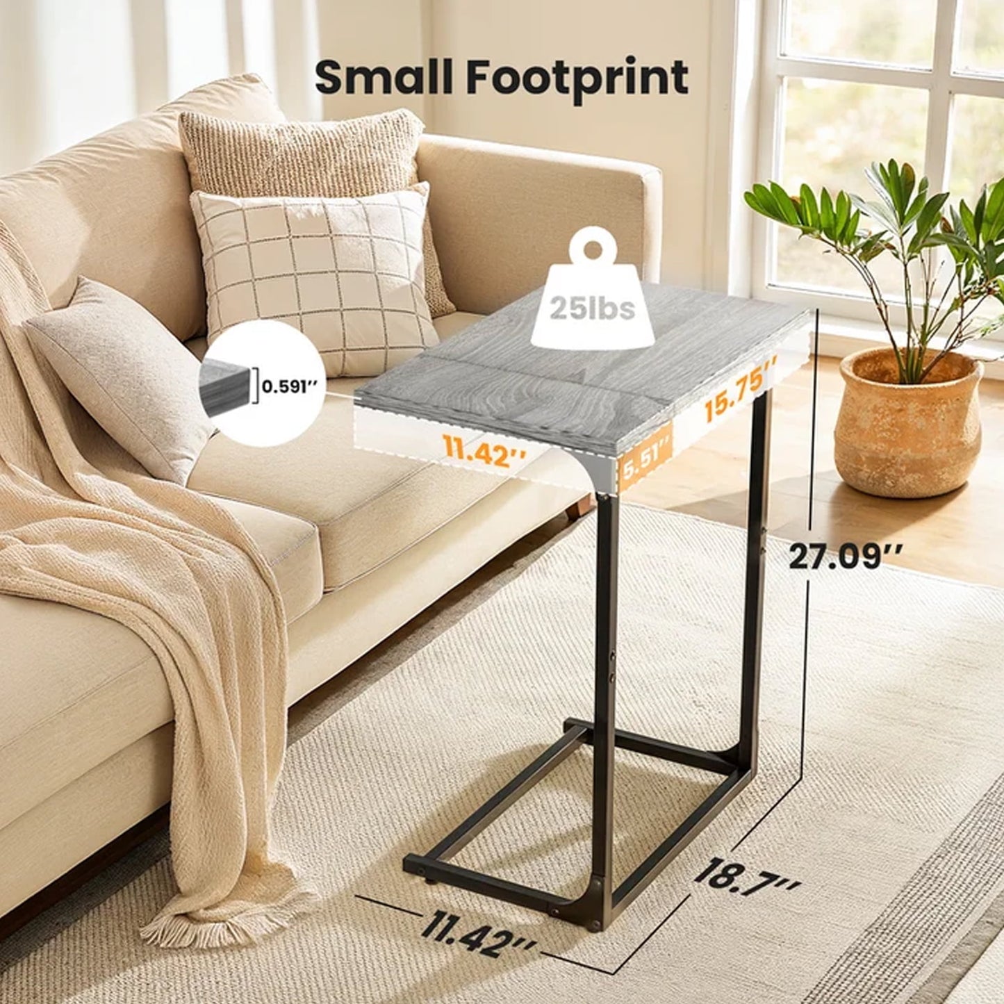 C Shaped Couch End Table Tray Table, Side Table for Sofa,with Widened tabletop for Bedroom, Living Room, 27"(H) x 21.1"(W) x 11.4"(D), Grey