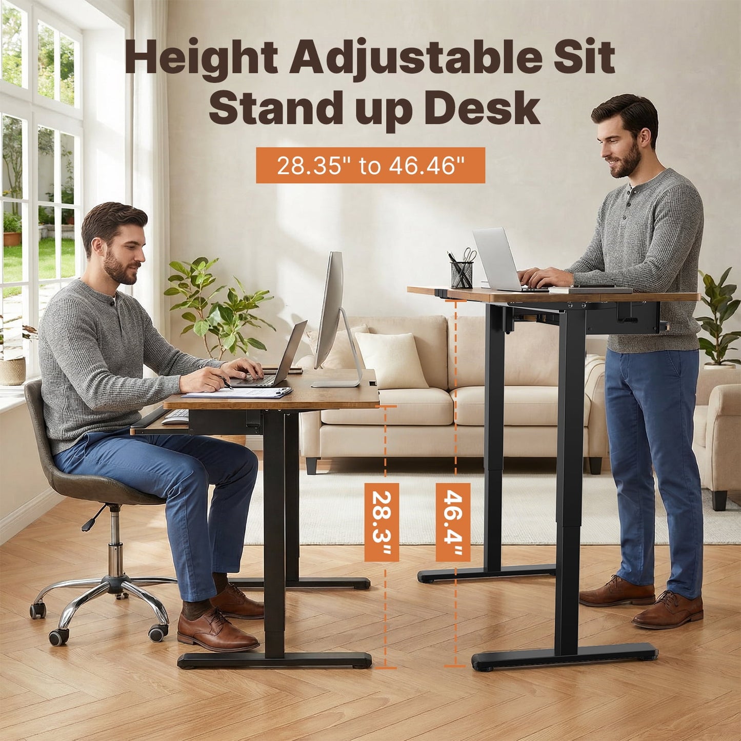 55" x 24" Electric Standing Desk with Keyboard Tray, Height Adjustable Sit Stand up Desk with Headphone Hook & 4 Height Memory Pre-Set for Home Office, Rustic Brown