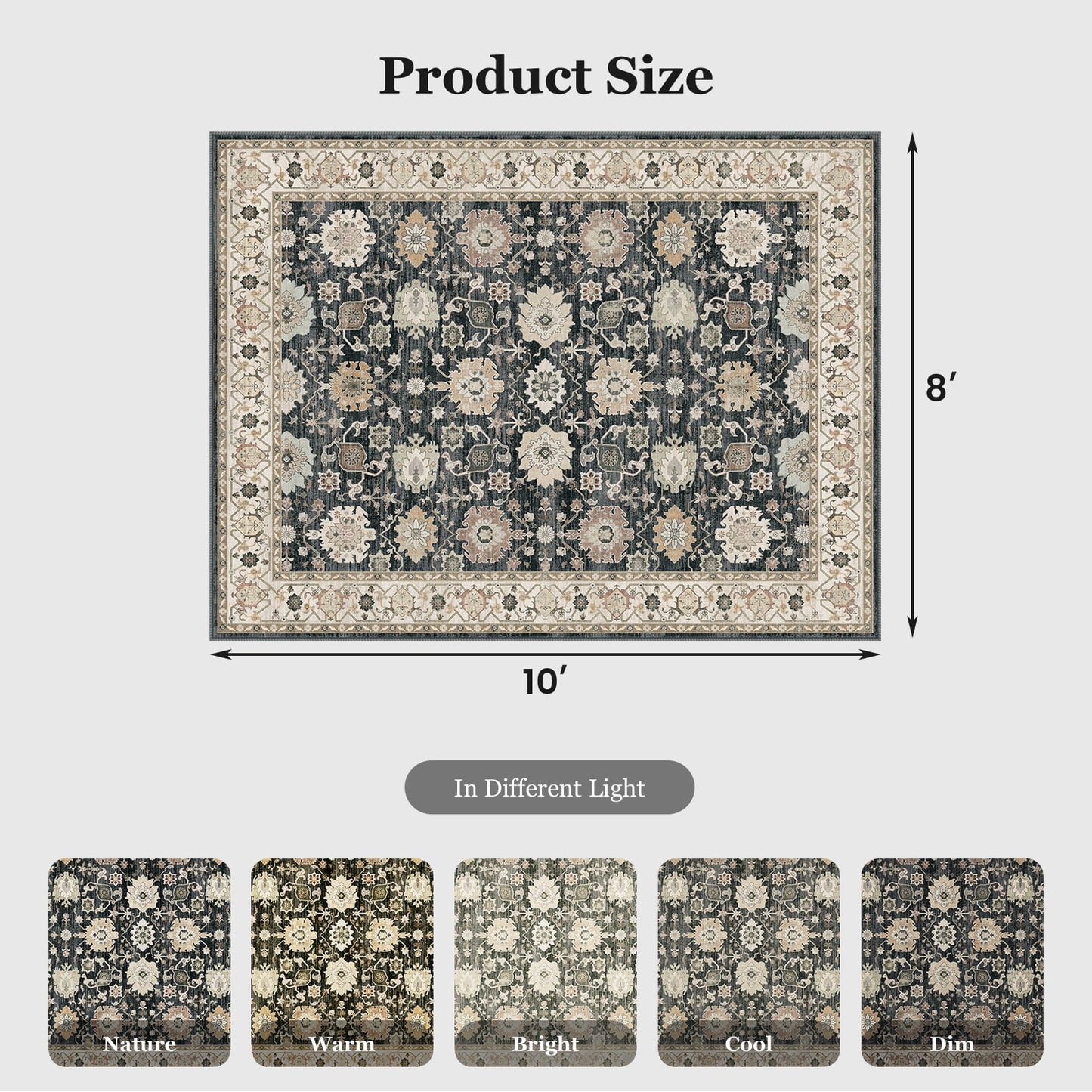 CHITOOMA 8'x10' Area Rugs for Living Room, Boho Machine Washable Floral Area Rug with Non-Slip Backing, Stain Resistant Non-Shed Carpet for Bedroom, Dining Room, Dorm, Office