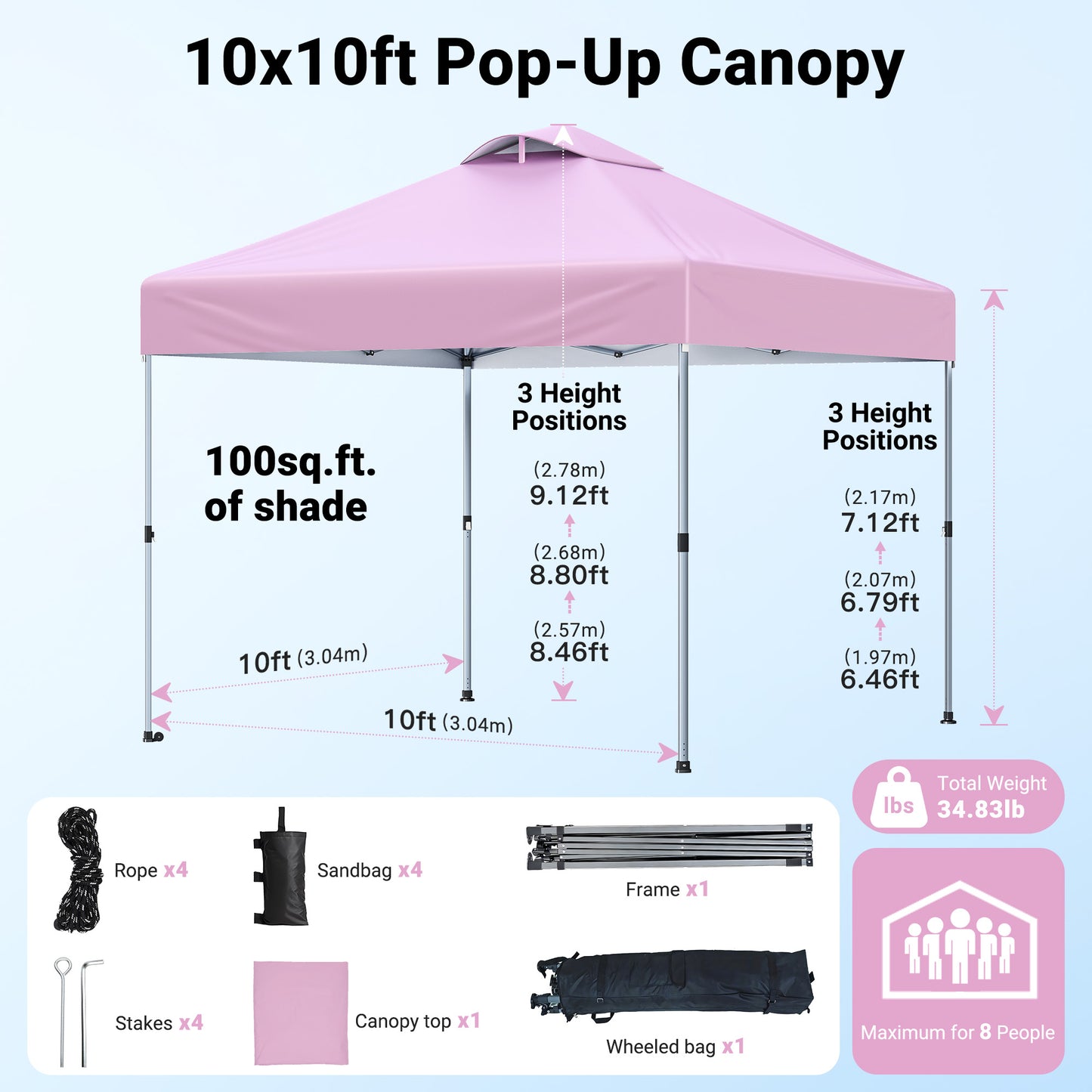 CHITOOMA 10 x 10ft Pop up Canopy Tent, Instant Outdoor Shelter Easy Portable Straight Leg Canopy Tent, Pink