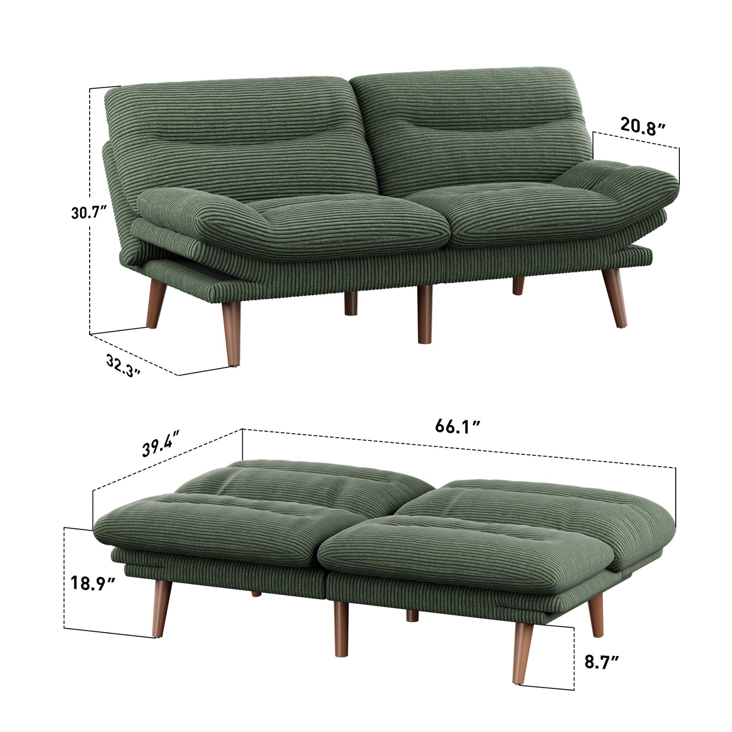 CHITOOMA 75" W Corduroy Futon Sofa Bed with Adjustable Backrest & Armrests, Comfy Convertible Futon Couch, Sleeper Sofa for Living Rooms Apartment Office, Green