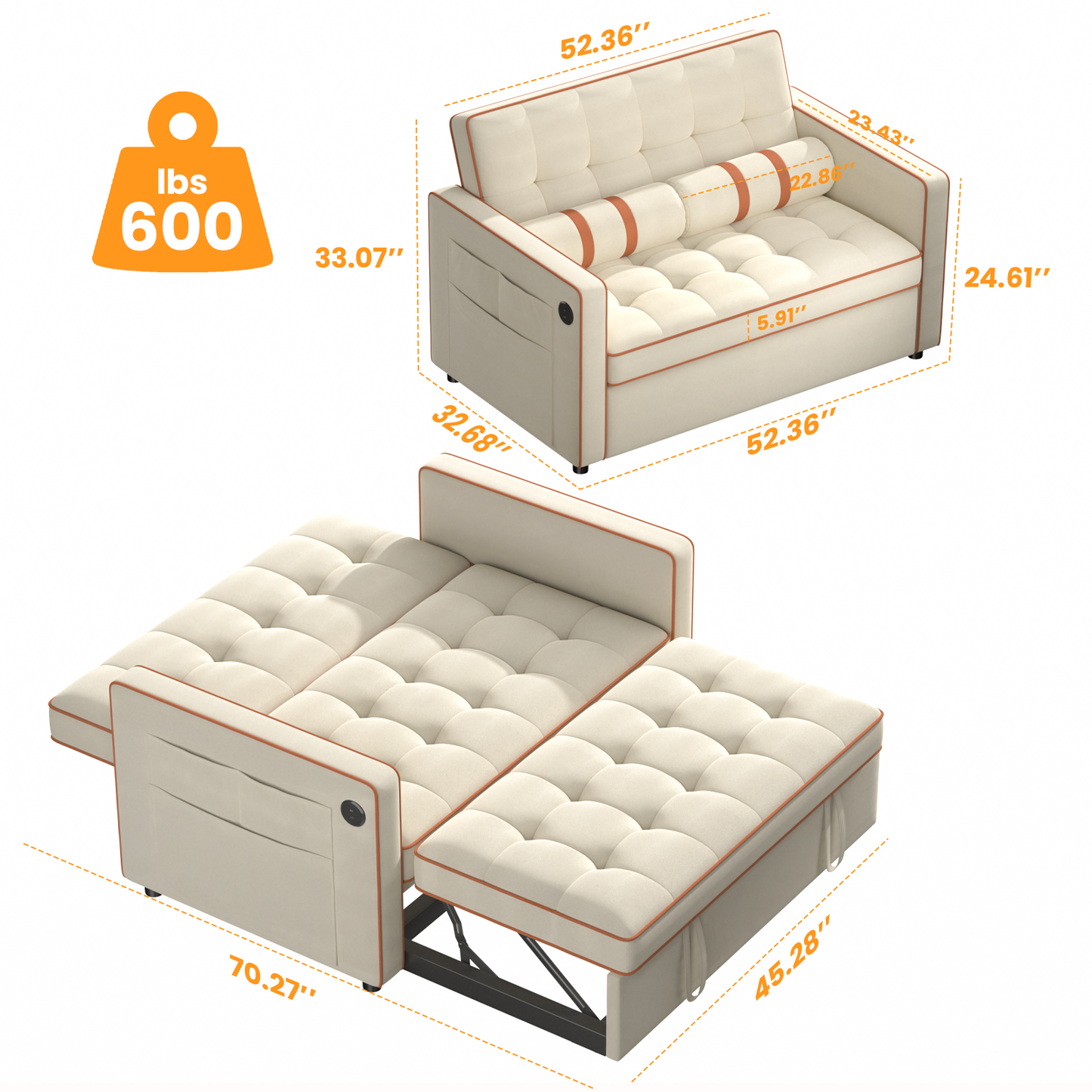 CHITOOMA 3 in 1 Pull Out Sofa Bed with Adjustable Backrest, 70" Convertible Loveseat Sleeper Couch with Charging Port, Side Pockets & Cylinder Pillows for Living Room Apartment, White