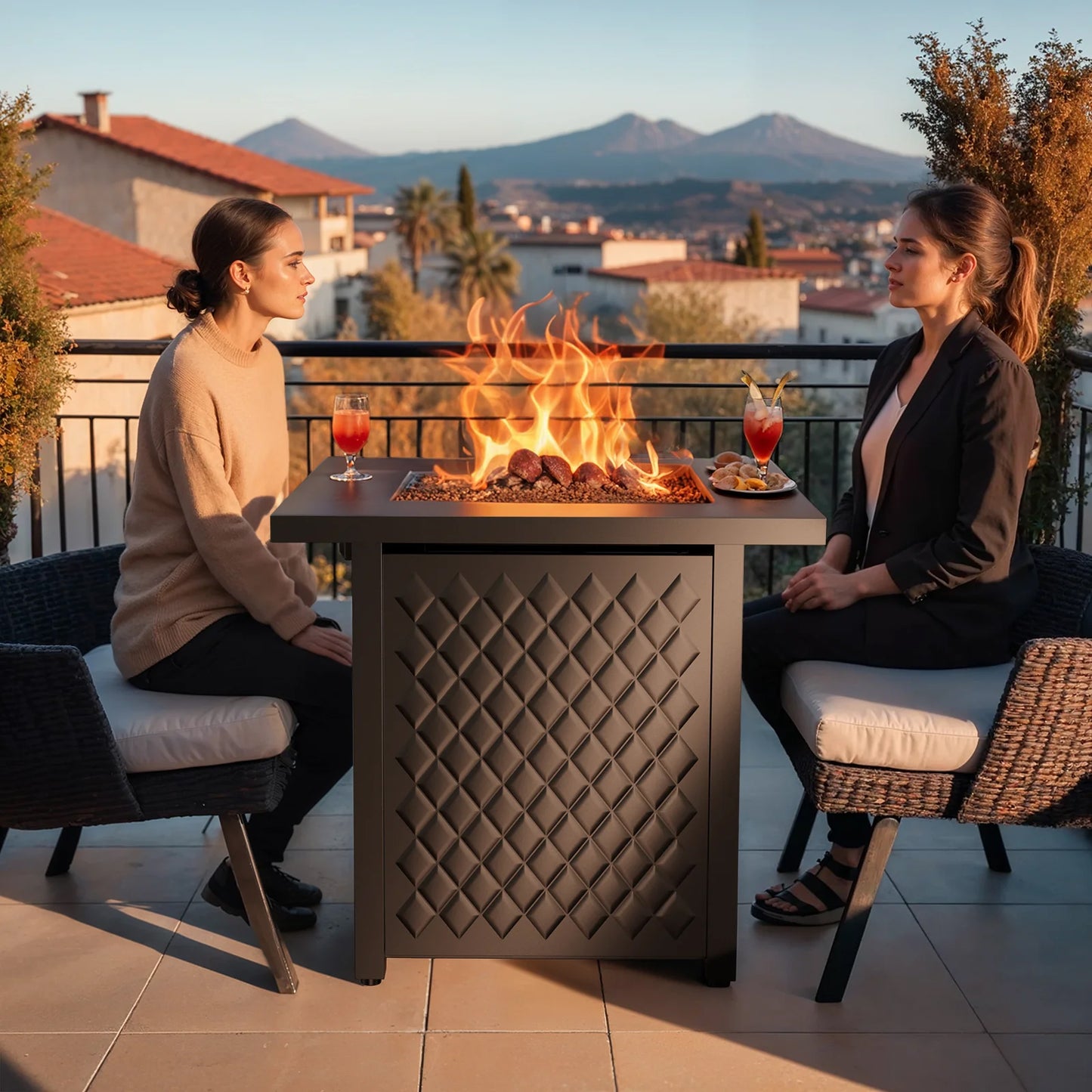 28" Outdoor Propane Fire Pit Table with Lid, 60,000 BTU Gas Fire Pit for Patio Garden Party