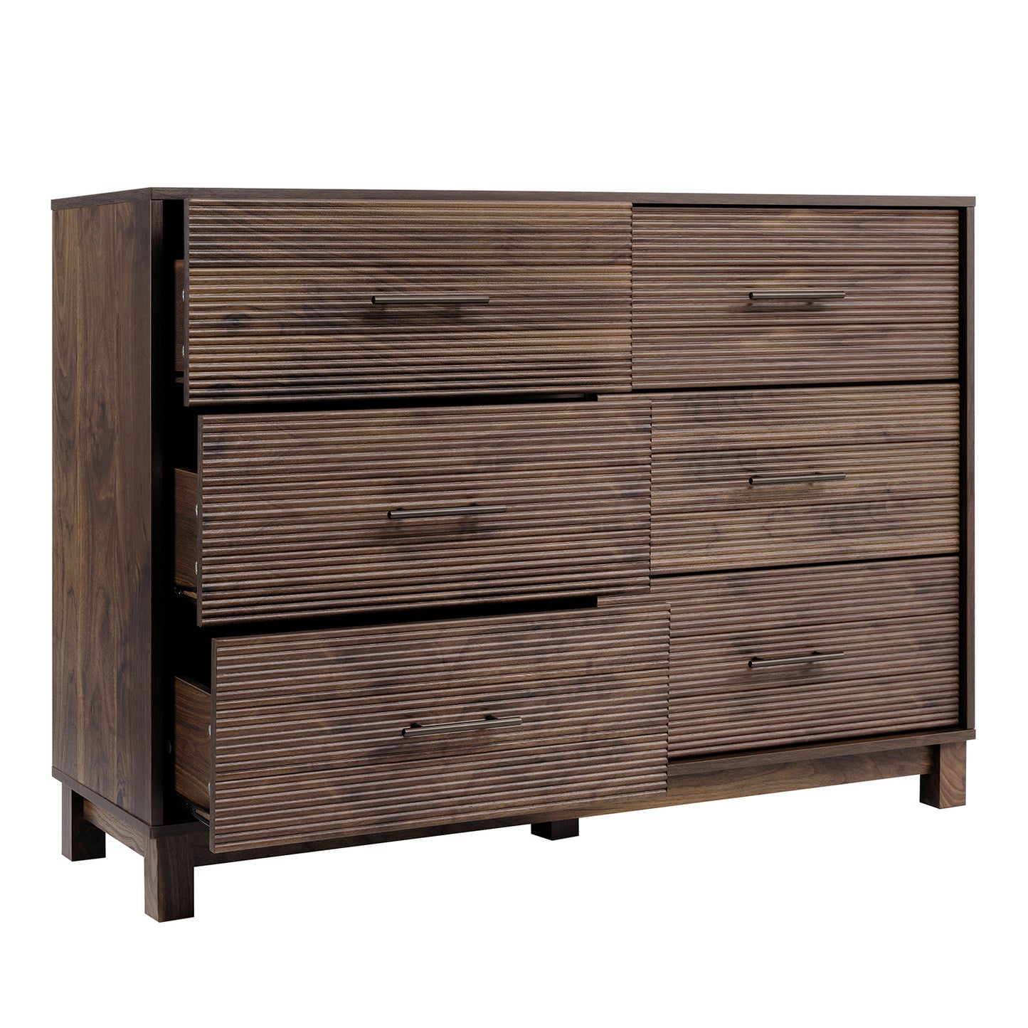 CHITOOMA 6 Drawer Fluted Dresser for Bedroom, Modern Wooden Long Dresser, Storage Cabine Chest of Drawers for Living Room Hallway, Walnut