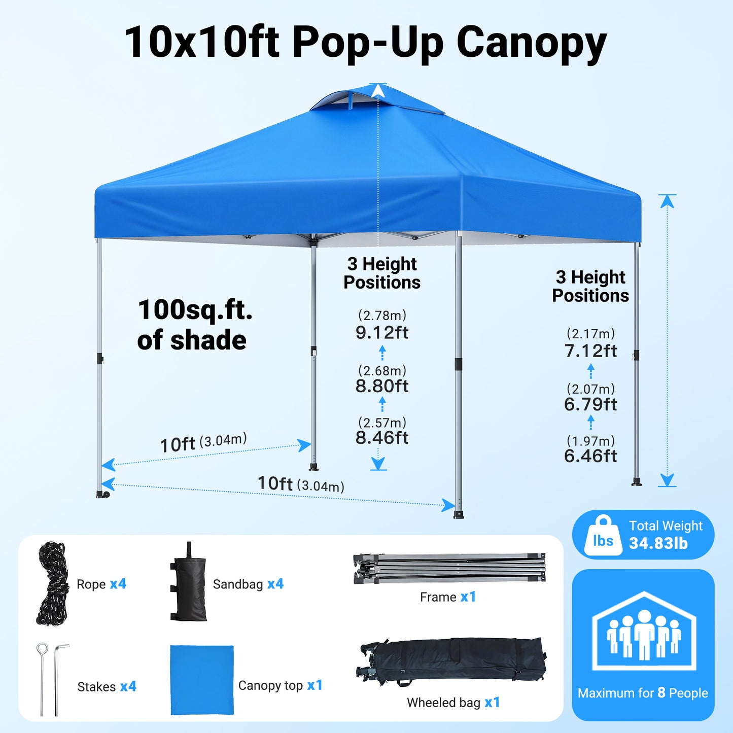 CHITOOMA 10 x 10ft Pop up Canopy Tent, Instant Outdoor Shelter Easy Portable Straight Leg Canopy Tent, Blue