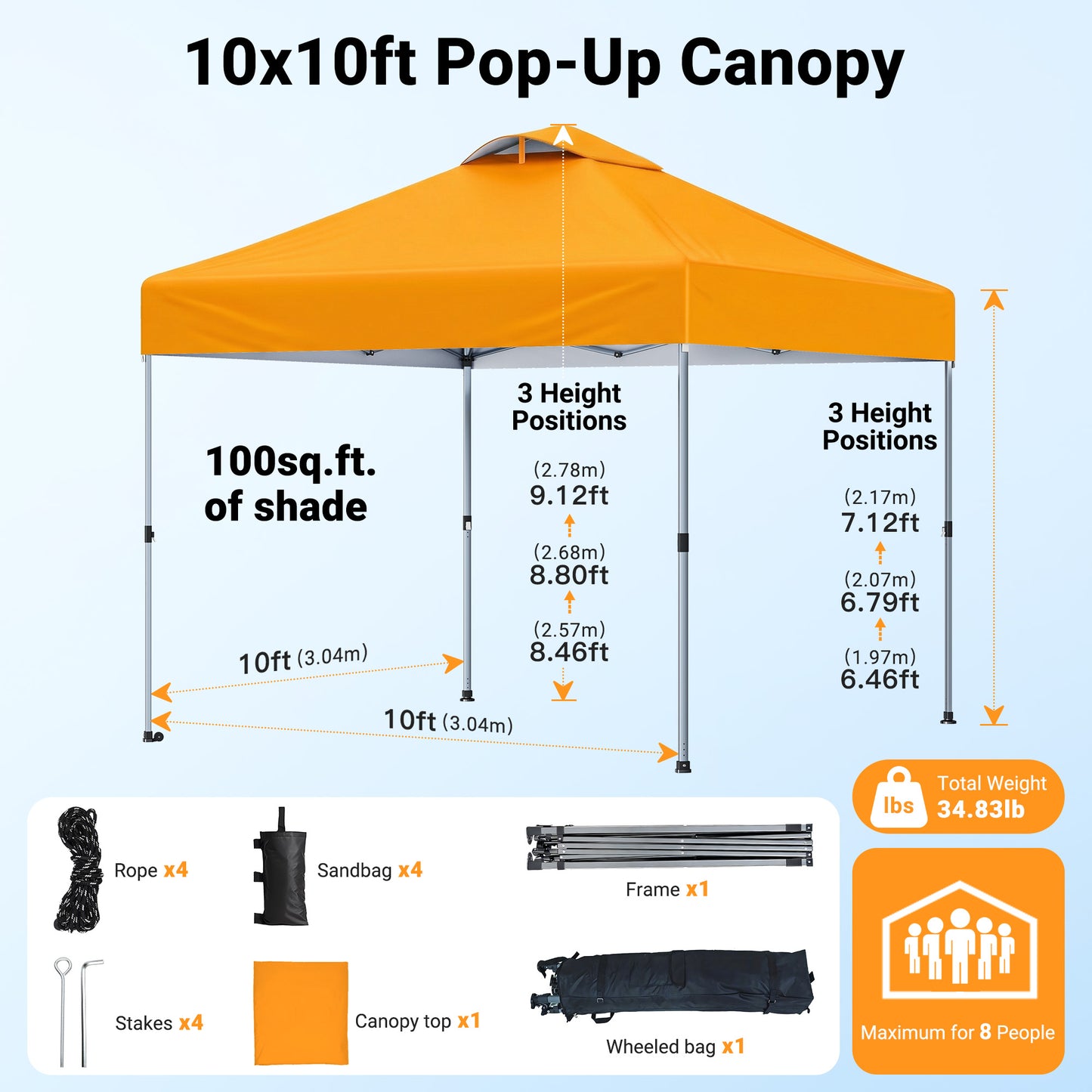 CHITOOMA 10 x 10ft Pop up Canopy Tent, Instant Outdoor Shelter Easy Portable Straight Leg Canopy Tent, Orange