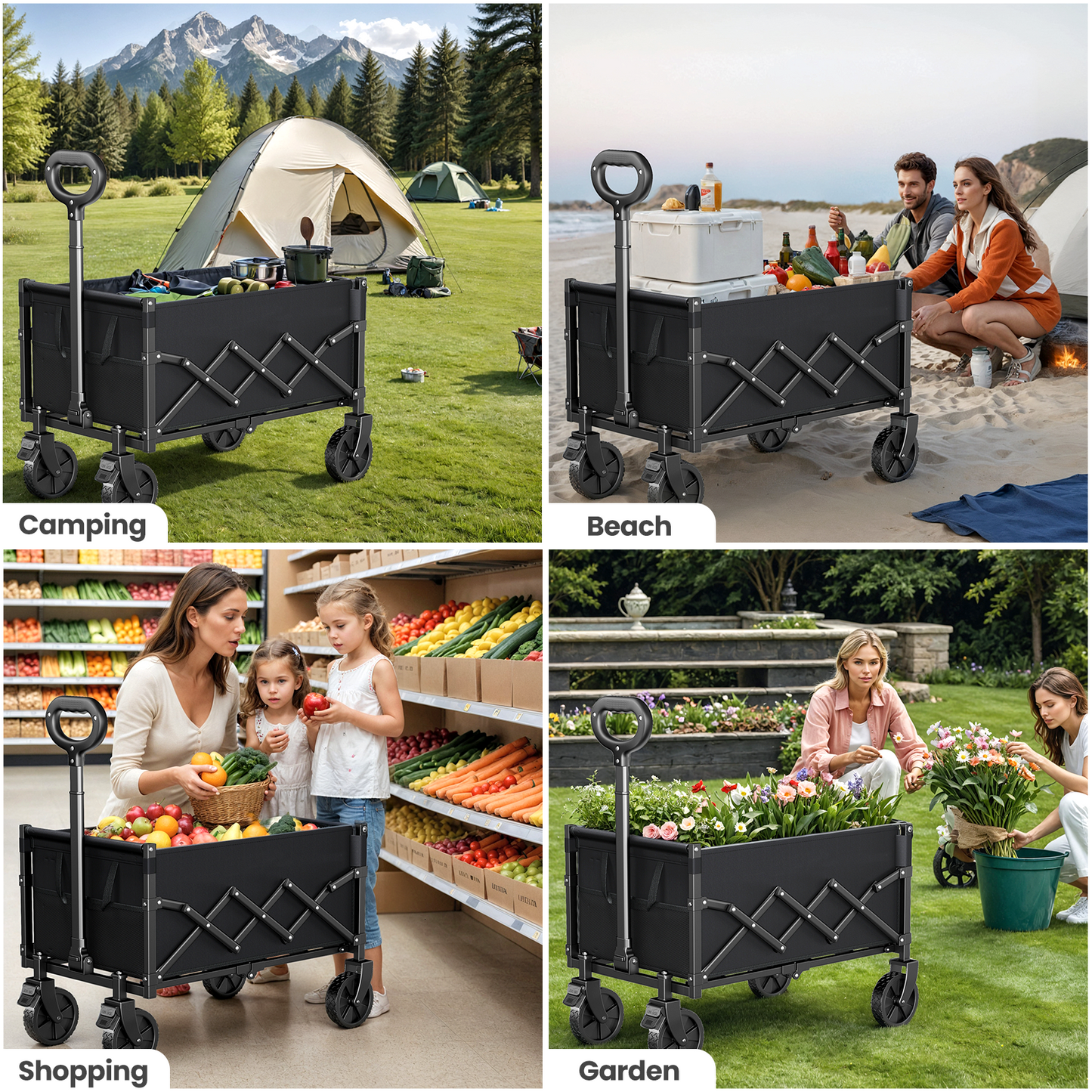 Collapsible Wagon Cart with Expandable Storage & Locking Front Wheels, Portable Foldable Wagon for Beach, Camping, Shopping