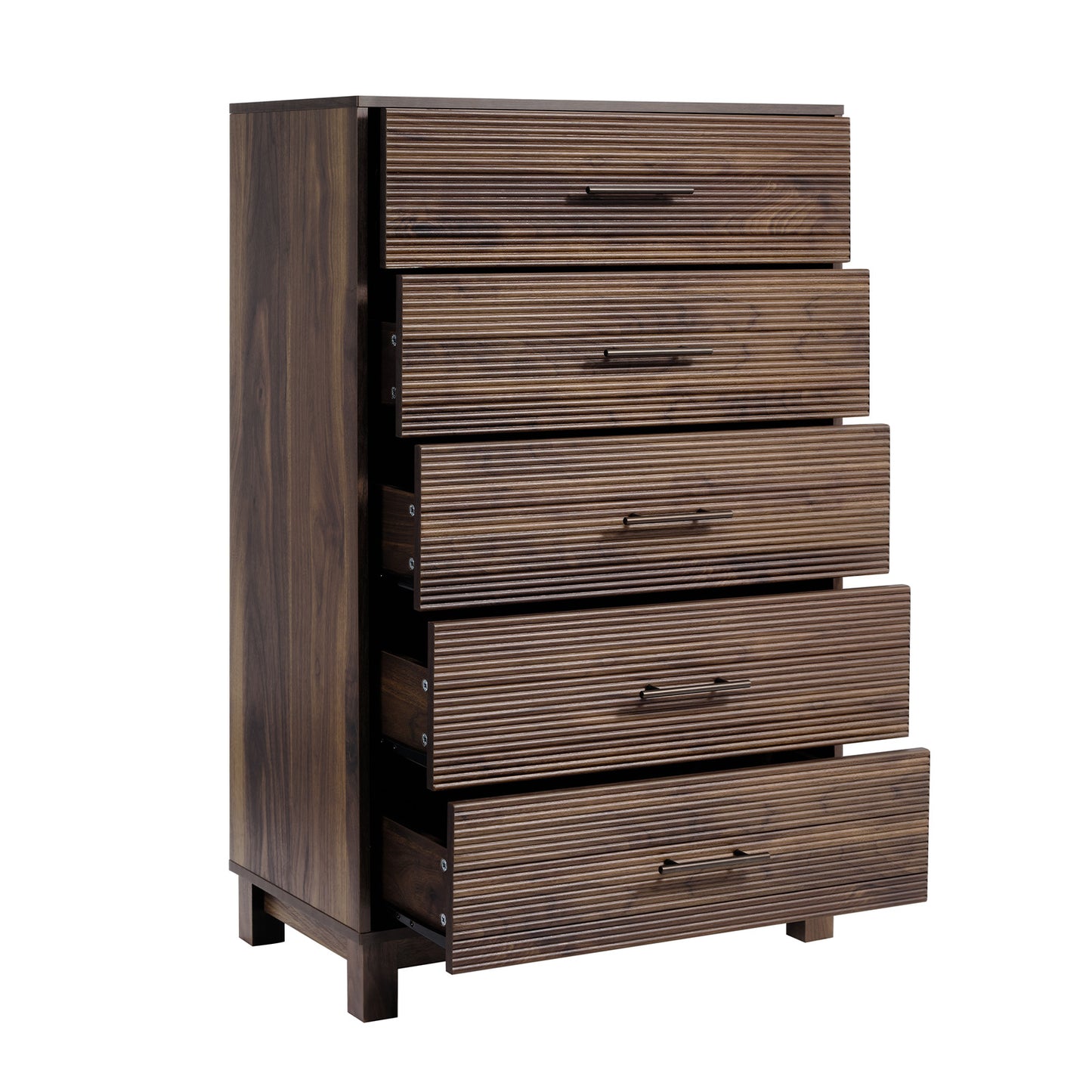 CHITOOMA Fluted Dresser for Bedroom, Modern Wooden 5 Drawer Tall Dresser, Chest of Drawers, Storage Cabine Living Room Hallway, Walnut