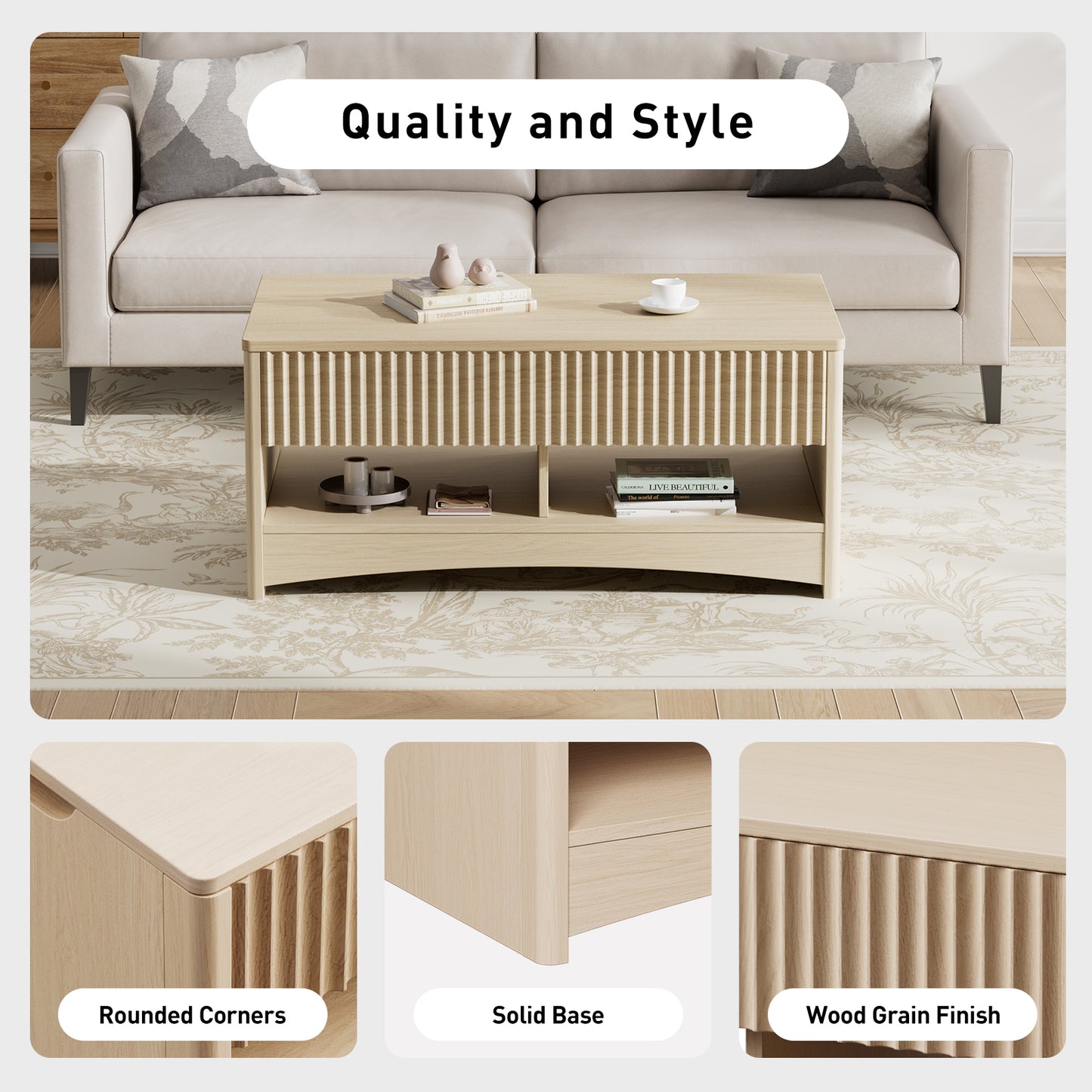 CHITOOMA Modern Lift-Top Coffee Table with Hidden Storage & Open Shelves, Fluted Front Accent Table for Living Room, Natural