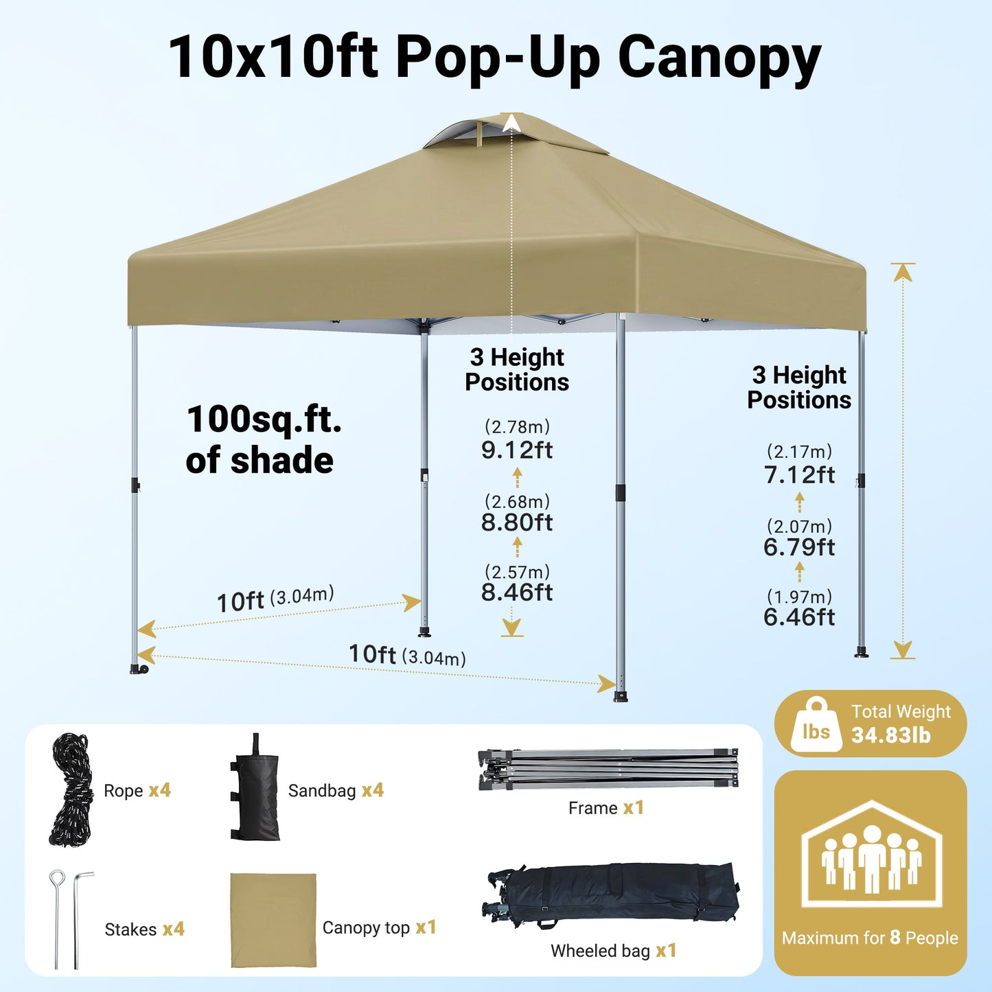 CHITOOMA 10 x 10ft Pop up Canopy Tent, Instant Outdoor Shelter Easy Portable Straight Leg Canopy Tent, Khaki