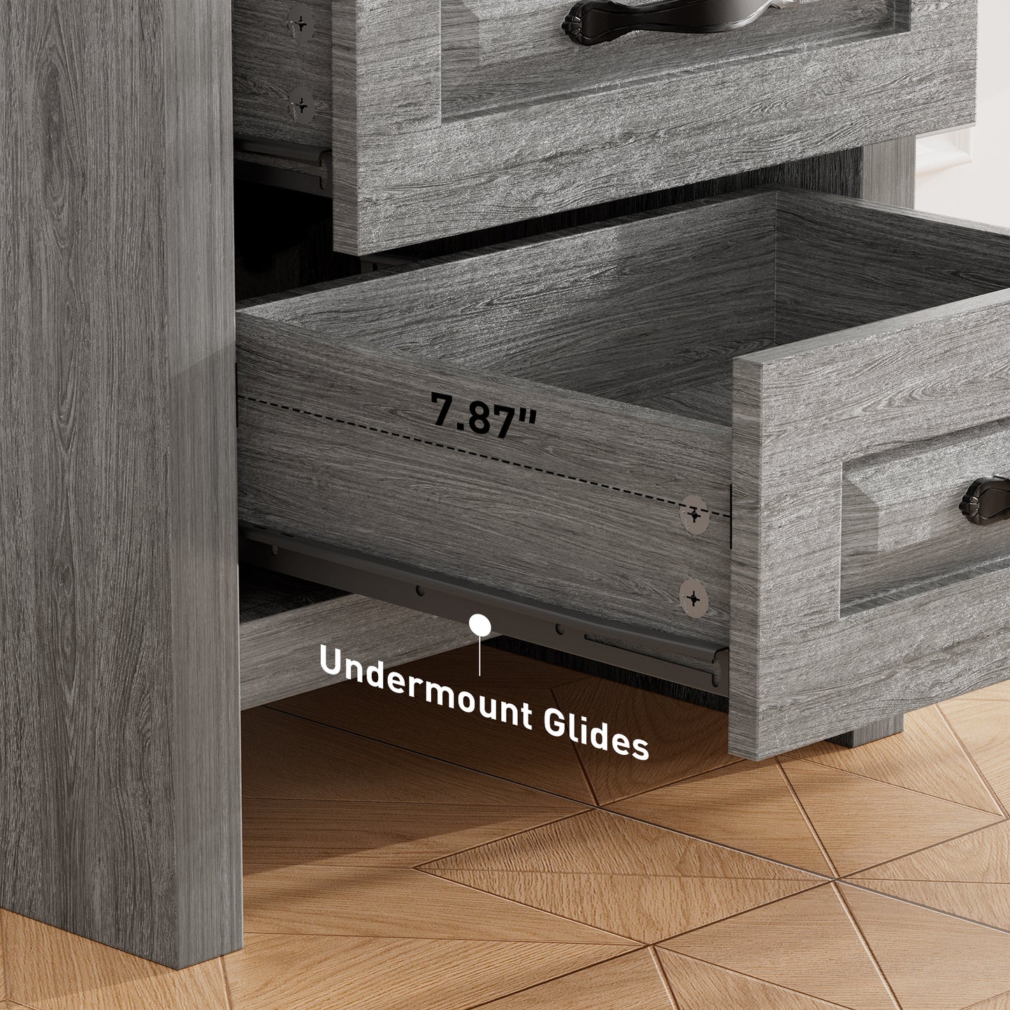 CHITOOMA 2-Drawer Nightstand with Charging Station, Wood Bedside Table with Open Shelf, Small End Table for Bedroom Living Room, Gray