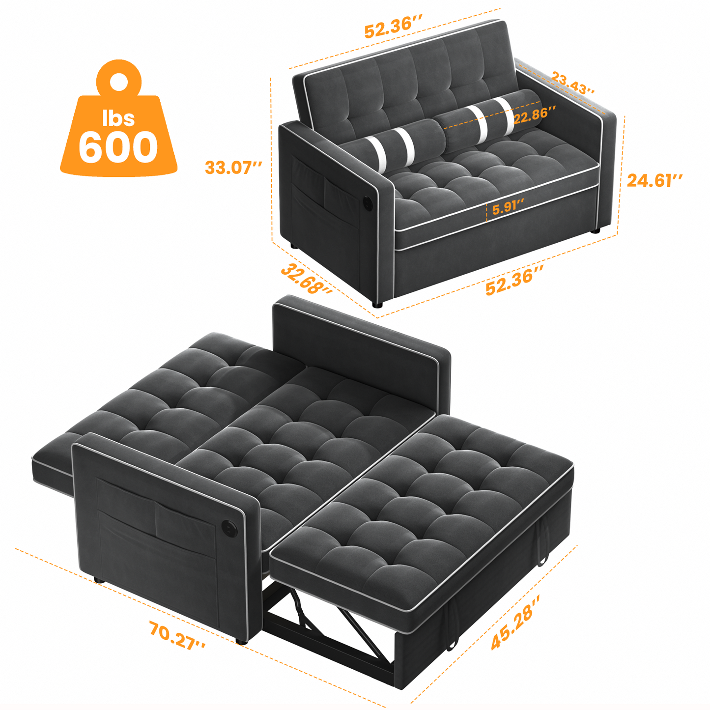 CHITOOMA 3 in 1 Pull Out Sofa Bed with Adjustable Backrest, 70" Convertible Loveseat Sleeper Couch with Charging Port, Side Pockets & Cylinder Pillows for Living Room Apartment, Black