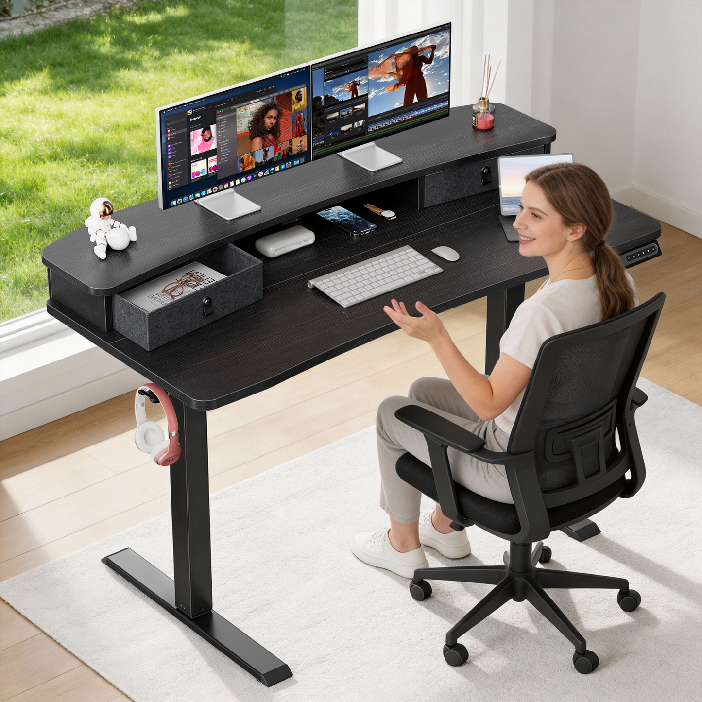 CHITOOMA Electric Standing Desk with Drawers, 48″ x 24″ Large Adjustable Height Computer Desk for Home Office, C-Clamp Compatible with 4 Presets, Black