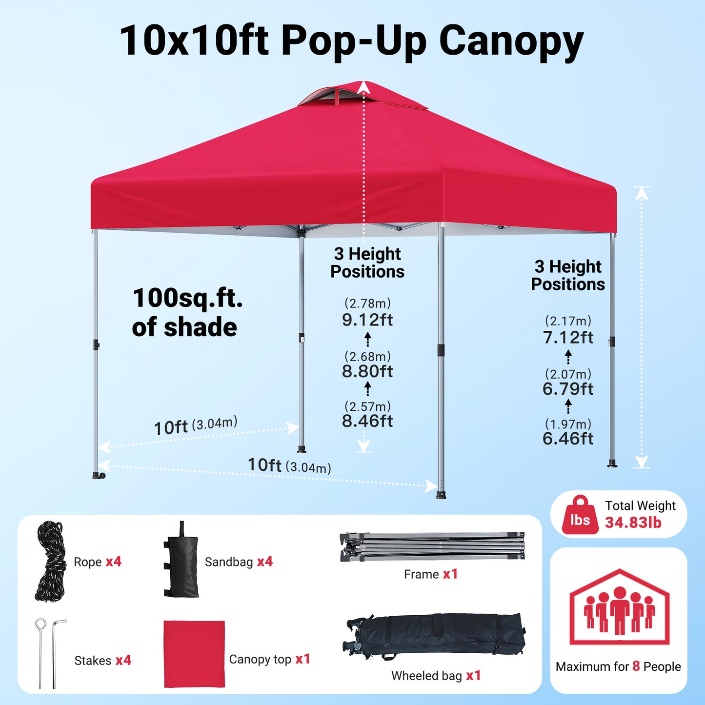 CHITOOMA 10 x 10ft Pop up Canopy Tent, Instant Outdoor Shelter Easy Portable Straight Leg Canopy Tent, Red