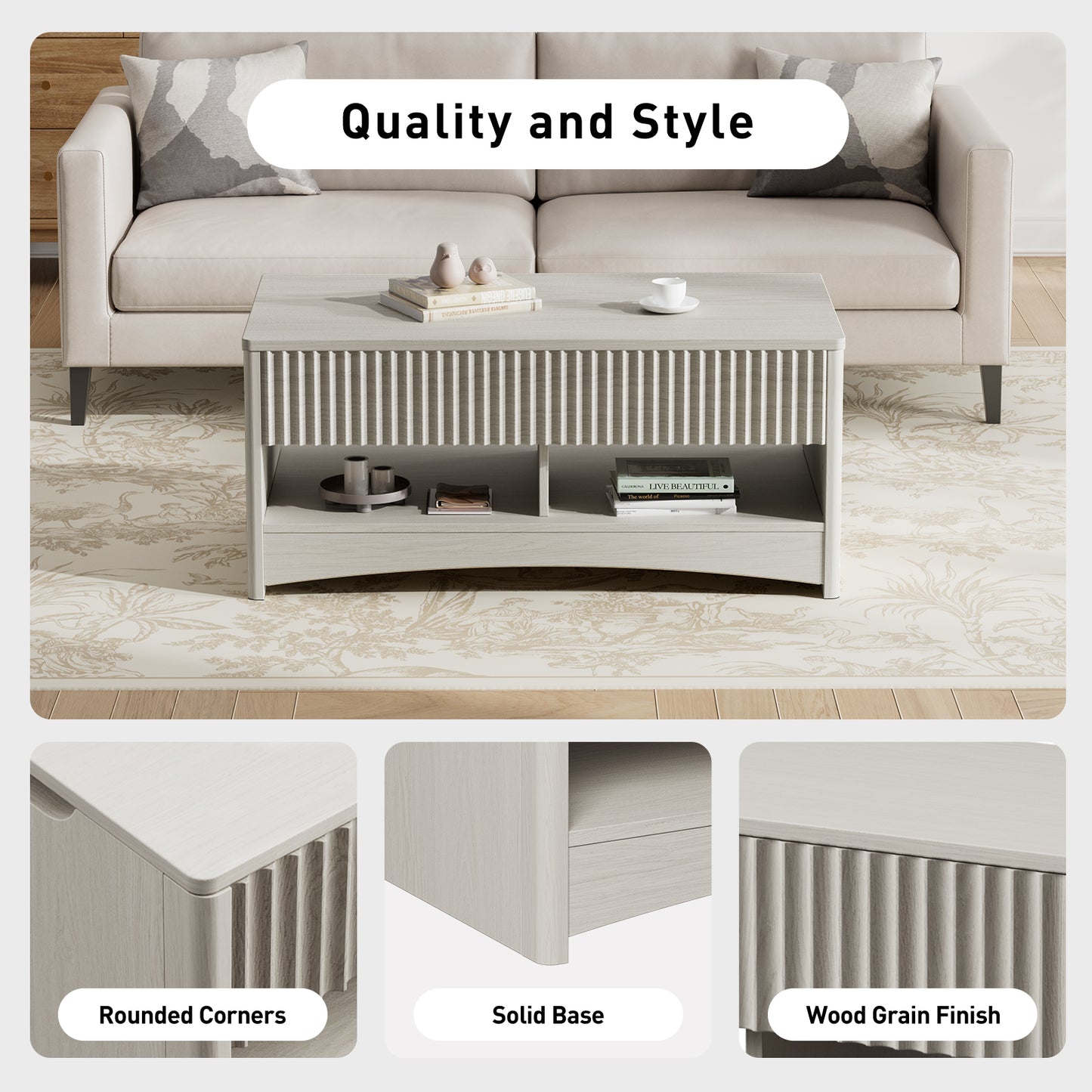 CHITOOMA Modern Lift-Top Coffee Table with Hidden Storage & Open Shelves, Fluted Front Accent Table for Living Room, Gray