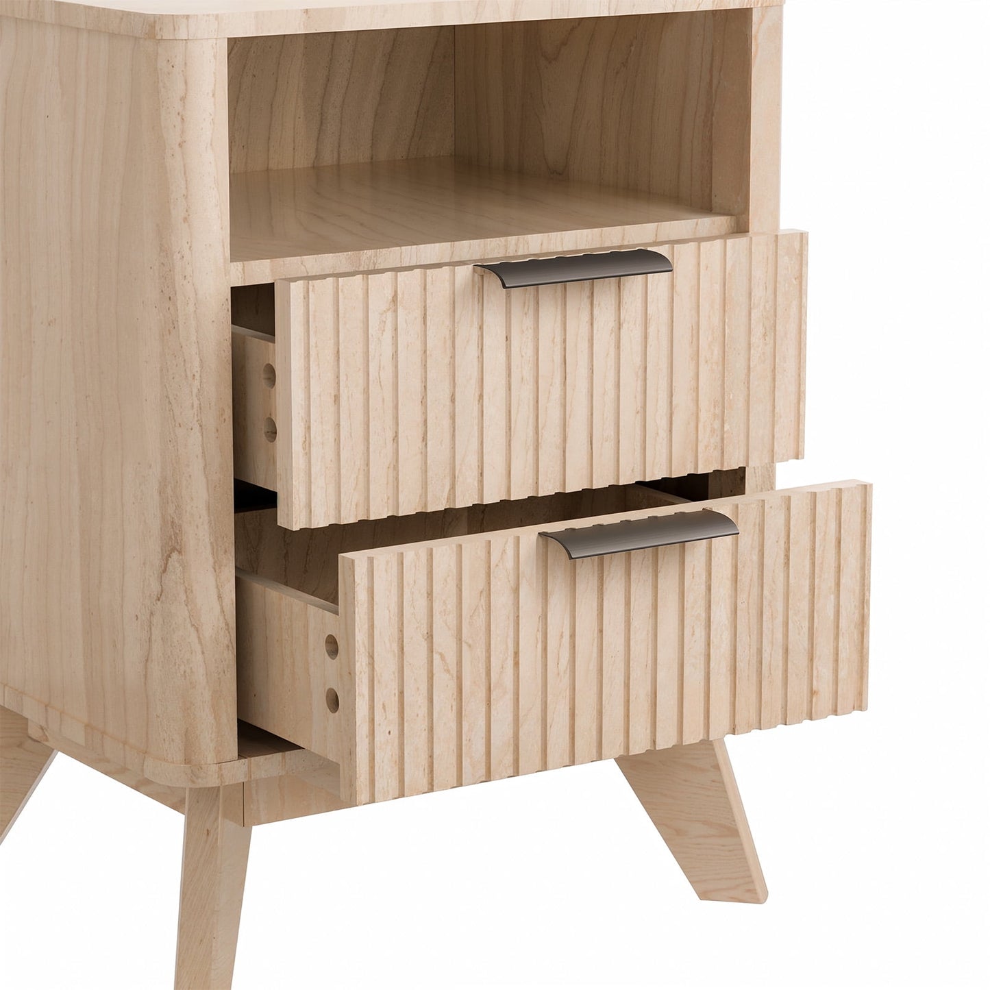CHITOOMA 2-Drawer Nightstand with Open Shelf, Wood Fluted Bedside Table with Storage, Small End Table for Bedroom Living Room, Natural