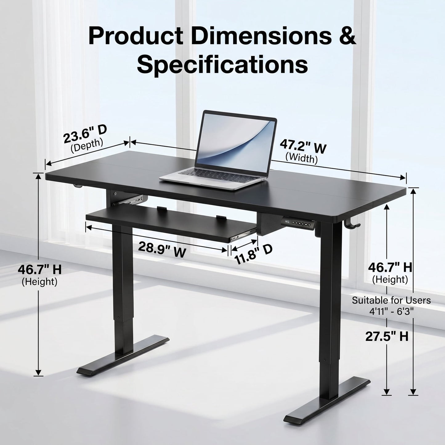 CHITOOMA Electric Standing Desk with Keyboard Tray, 48" x 24" Height Adjustable Sit Stand up Desk with Headphone Hook & 4 Height Memory Pre-Set for Home Office, Black