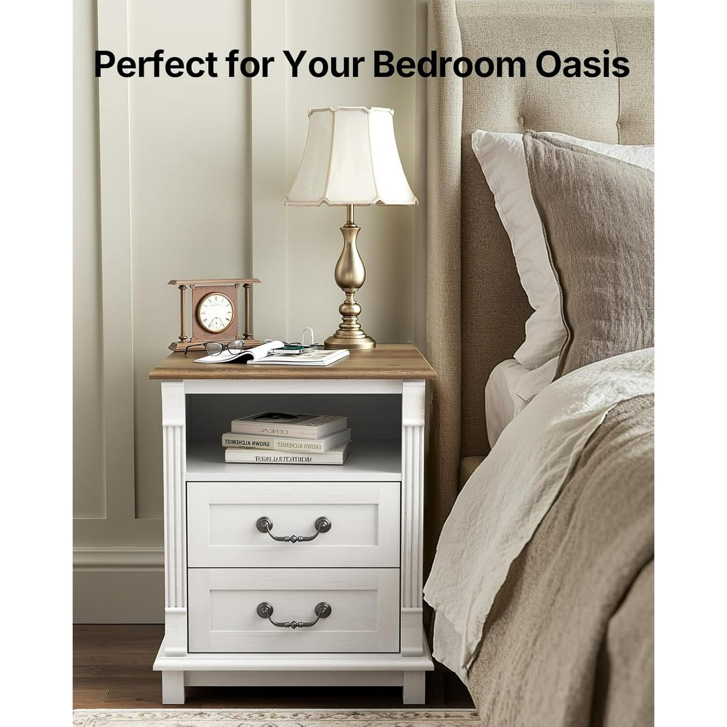 CHITOOMA Nightstand with Charging Station, 18" Bedside Table with USB Ports and AC Outlets, 2-drawer, Farmhouse Wood Side Table for Bedroom