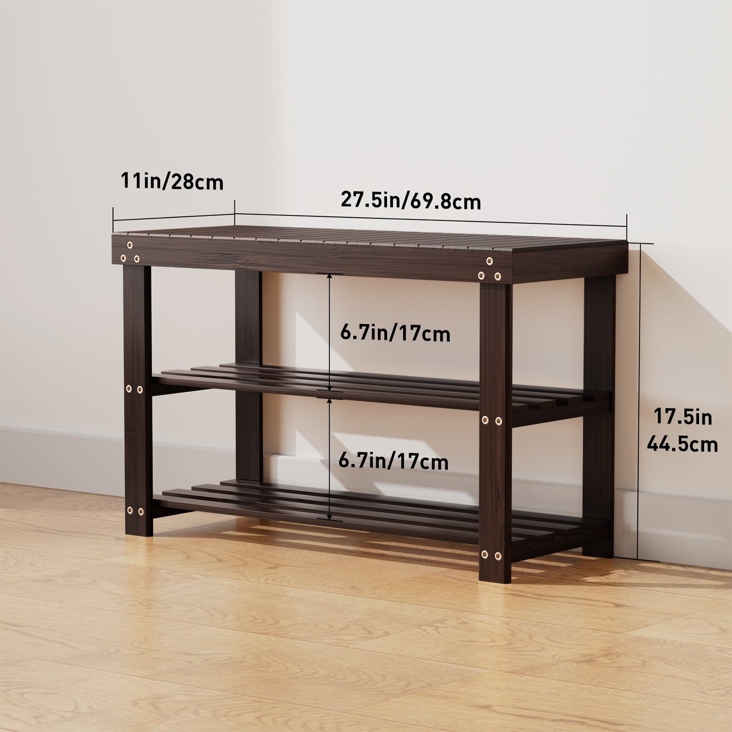 3-Tier Bamboo Shoe Storage Bench for Entryway, Wood Hallway Shoe Rack Shoe Organizer Shelf for Living Room, Bedroom, 11"D x 27.5"W x 17.5"H, Brown