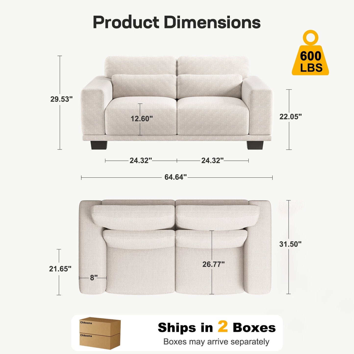 CHITOOMA 65" Loveseat Sofa for Living Room, Comfy Linen Couch with 2 Pillows, Deep Seats, Wide Armrests, Removable Covers & Sturdy Steel Frame, White