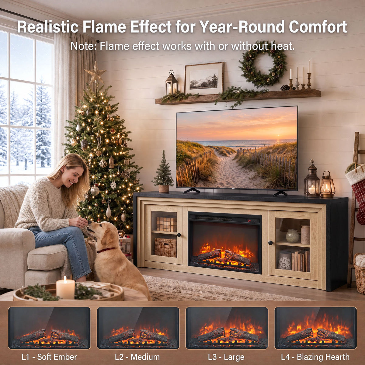 Modern Fireplace TV Stand with 24" Electric Fireplace up to 70" TV, Fireplace TV Console with Glass Barn Doors & Adjustable Shelf, 5100BTU, White