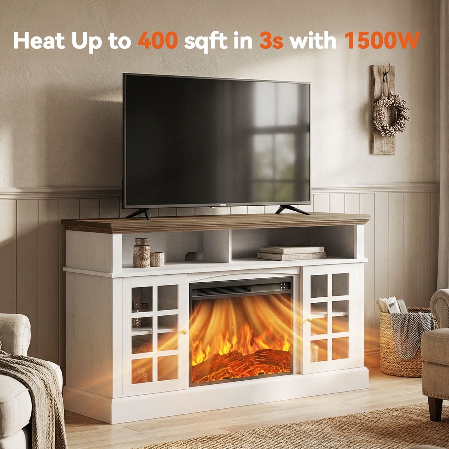 Electric Fireplace TV Stand up to 75" TVs, Farmhouse Entertainment Center wiht 23" Fireplace for Living Room, White