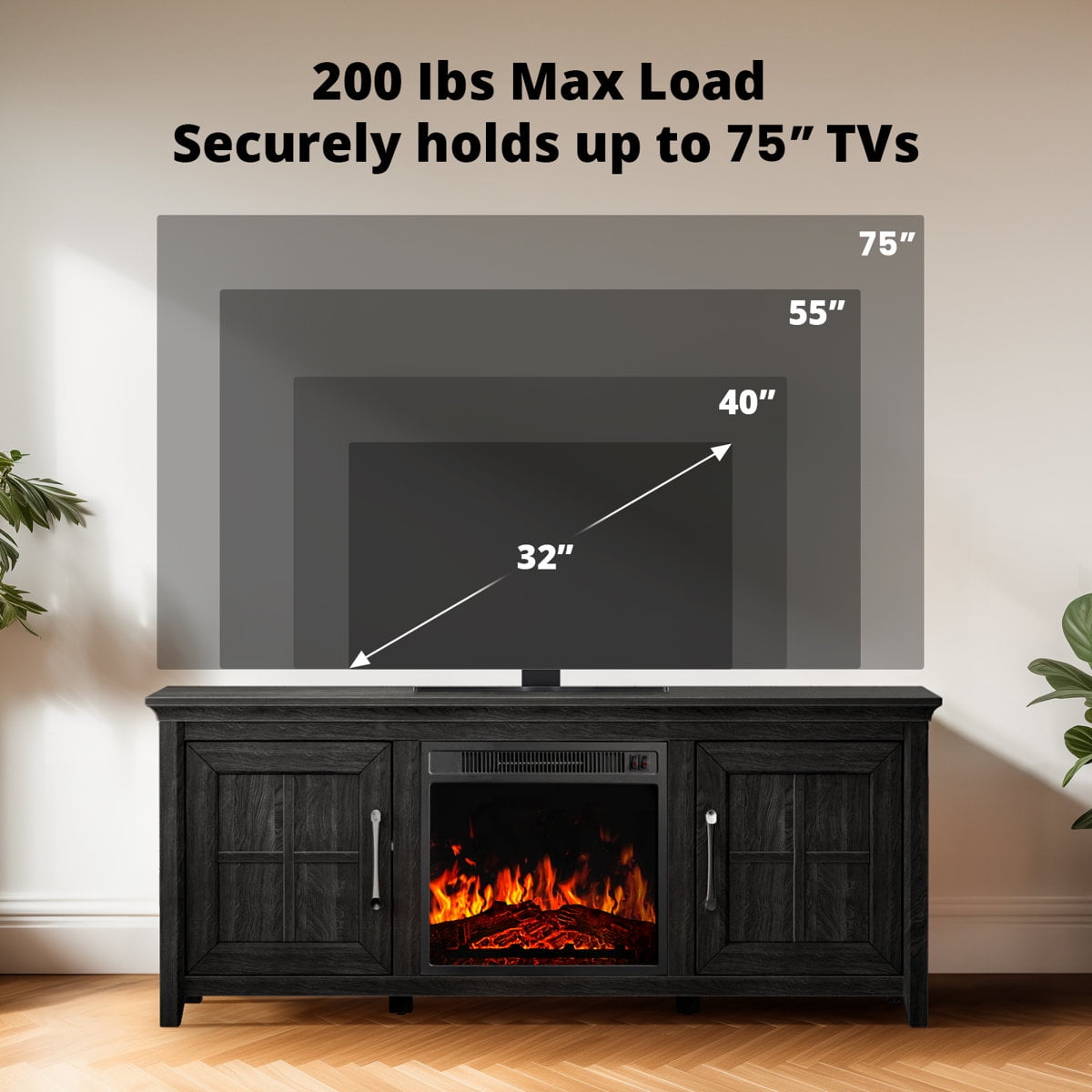 CHITOOMA Fireplace TV Stand with 2 Barn Doors and Storage Cabinets for TV up to 75 inch, Entertainment Center Console Table, Media Furniture for Living Room, Black