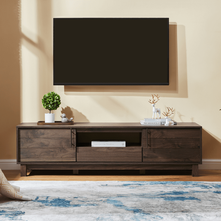 Mid-Century Modern Low Profile TV Stand for 70" TVs, Wood TV Media Console with 2 Fluted Door for Living Room, Walnut