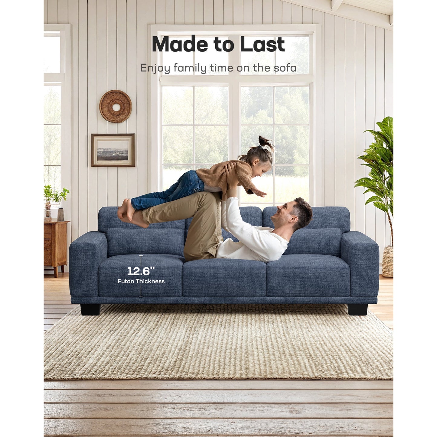 CHITOOMA 65" Loveseat Sofa for Living Room, Comfy Linen Couch with 2 Pillows, Deep Seats, Wide Armrests, Removable Covers & Sturdy Steel Frame, Blue