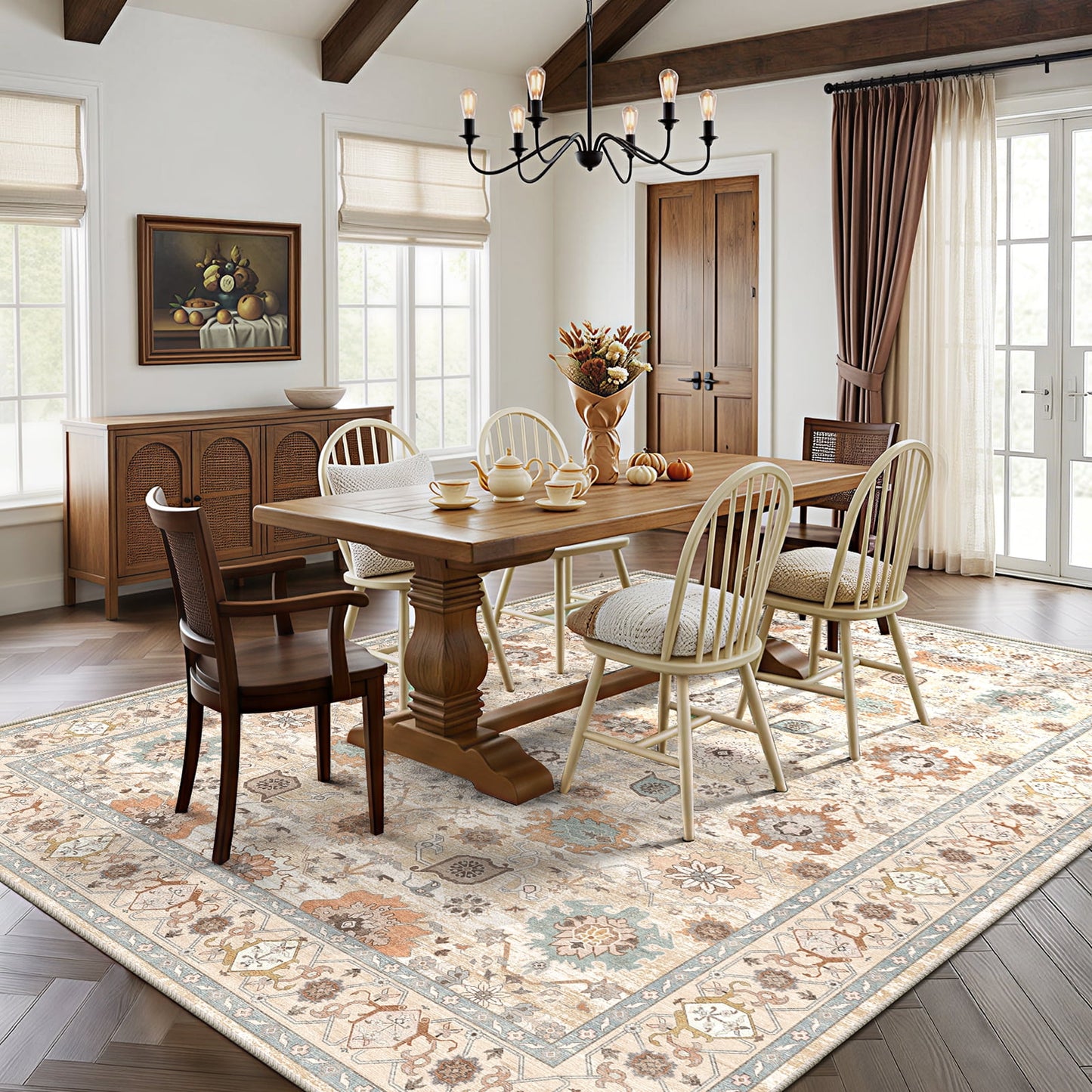 CHITOOMA 5'x7' Area Rugs for Living Room, Boho Machine Washable Stain Resistant Non-Shed Carpet, Floral Area Rug with Non-Slip Backing for Bedroom, Dining Room, Dorm, Office