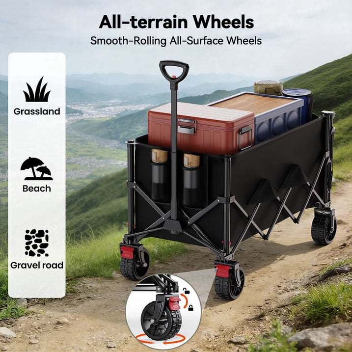 CHITOOMA Wagon Cart Foldable, 360LBS Expandable Utility Wagon for Outdoor & Home Use, 150L Collapsible Grocery Cart with Cup Holders