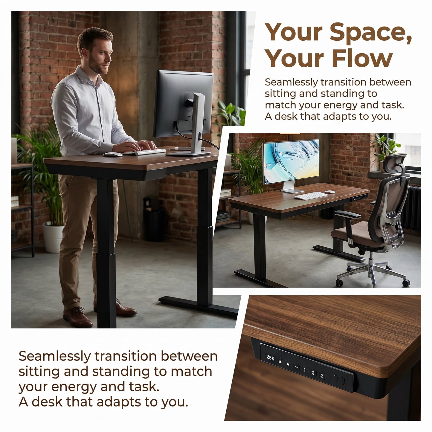 CHITOOMA Glass Top 48" x 24" Electric Standing Desk, Height Adjustable Sit Stand Desk for Home Office, Walnut