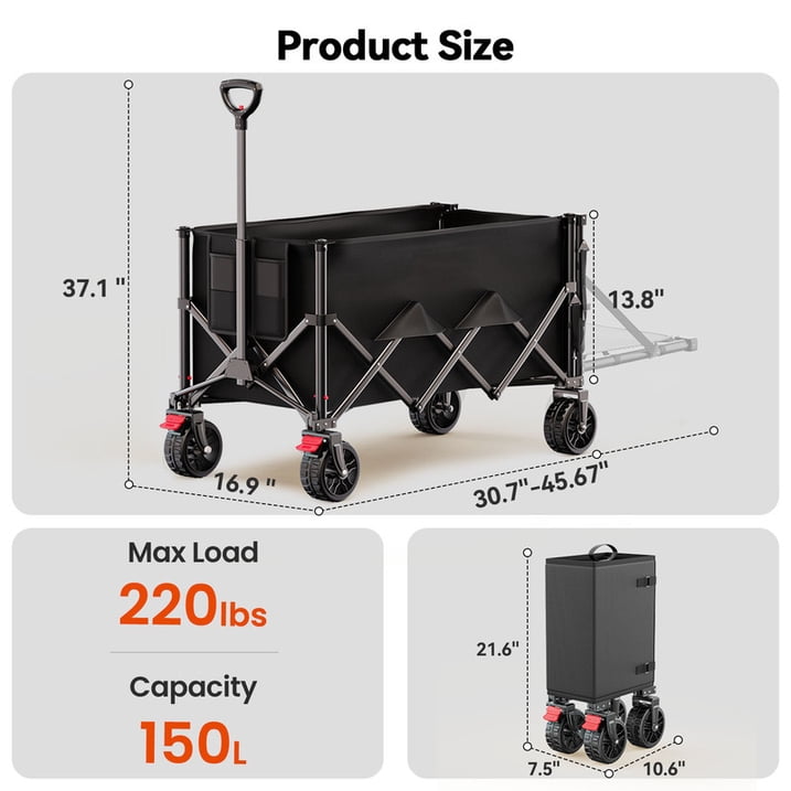 CHITOOMA Wagon Cart Foldable, 360LBS Expandable Utility Wagon for Outdoor & Home Use, 150L Collapsible Grocery Cart with Cup Holders