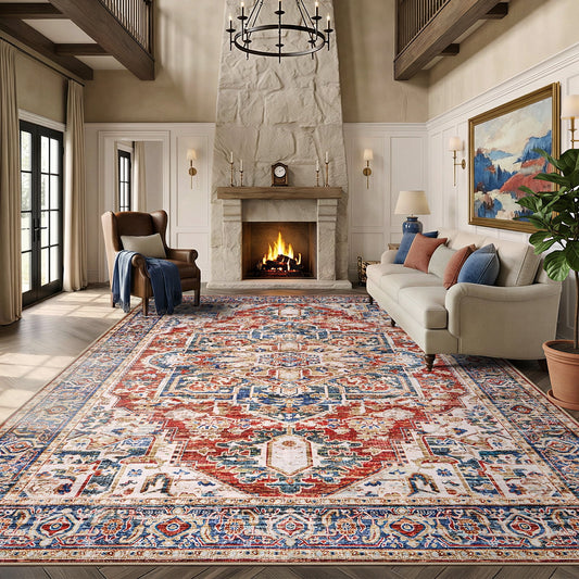 9'x12' Boho Area Rugs for Living Room, Machine Washable Area Rug with Non-Slip Backing, Stain Resistant Non-Shed Carpet for Bedroom, Dining Room, Dorm, Office