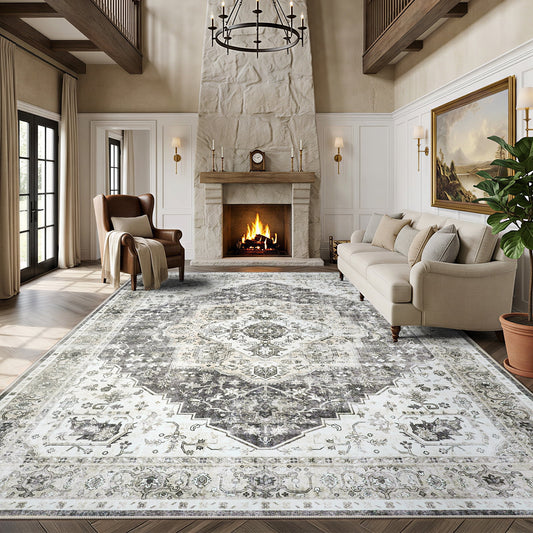 CHITOOMA 9'x12' Machine-washable Area Rugs for Living Room, Boho Area Rugs with Non-Slip Backing, Stain Resistant Non-Shed Carpet for Bedroom, Dining Room, Dorm, Office