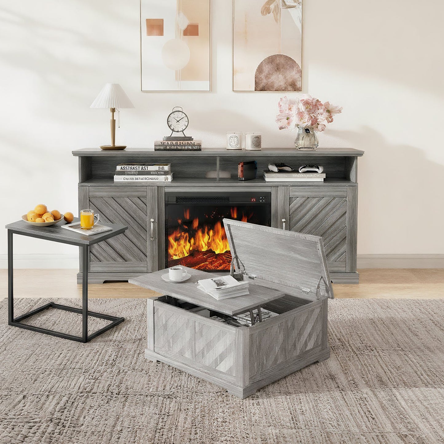 CHITOOMA 75" Fireplace TV Stand, Coffee Table and C Shaped End Table Combo, Farmhouse Entertainment Center with 23" Electric Fireplace for Living Room, Bedroom, Gray