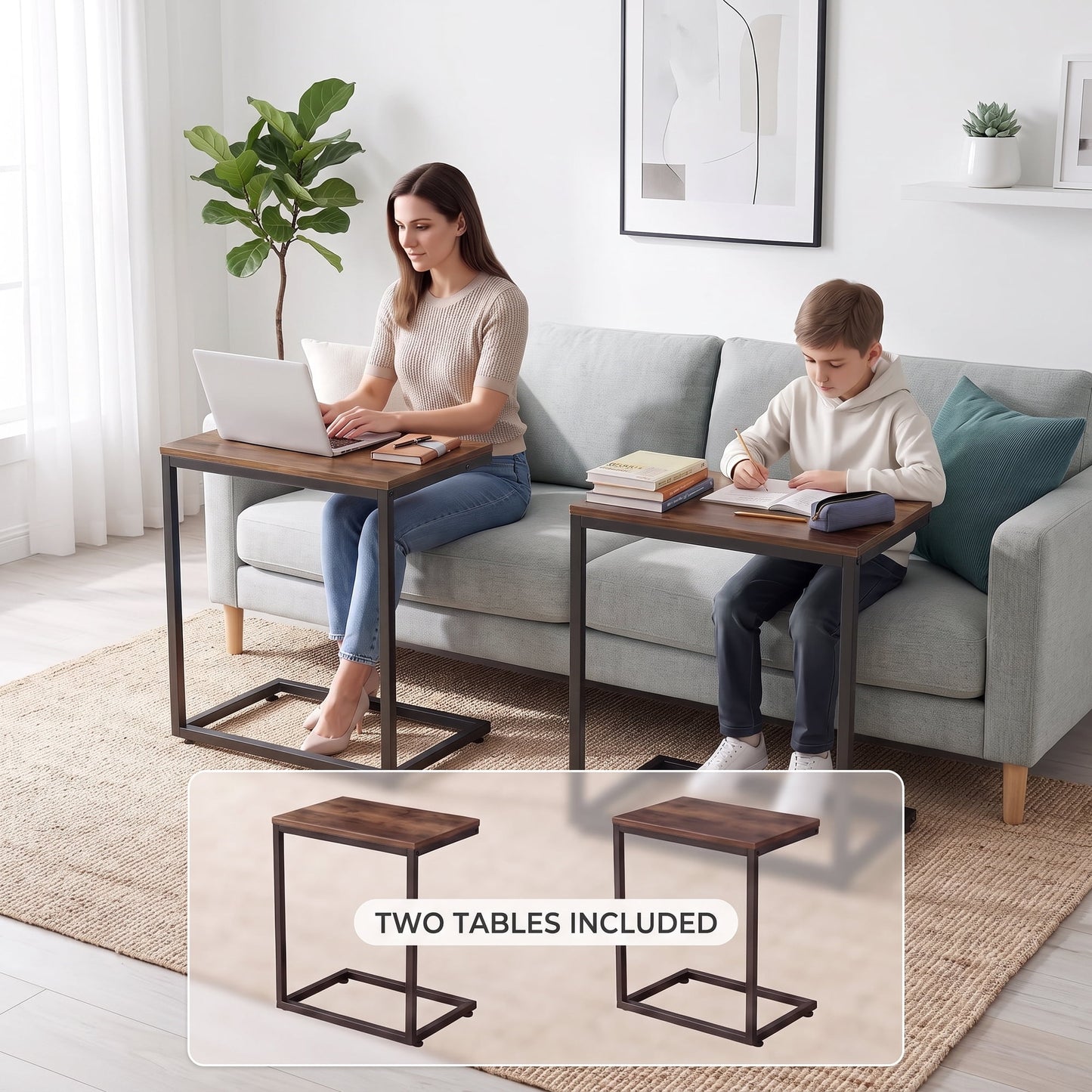2 PCS C Shaped Sofa Side End Table，Side Table TV Tray Table for Sofa,Couch Table with metal frame for livingroom,Bedroom,Rustic Brown