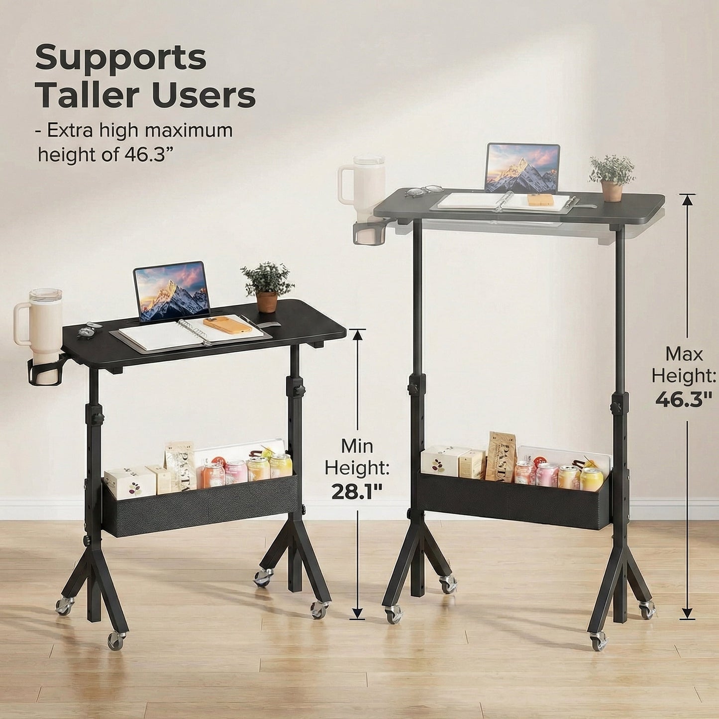 CHITOOMA Mobile Standing Desk with Wheels & Storage, Adjustable Height Rolling Laptop Cart with Cup Holder, Fits Treadmills, Black, 31.5" x 15.75"