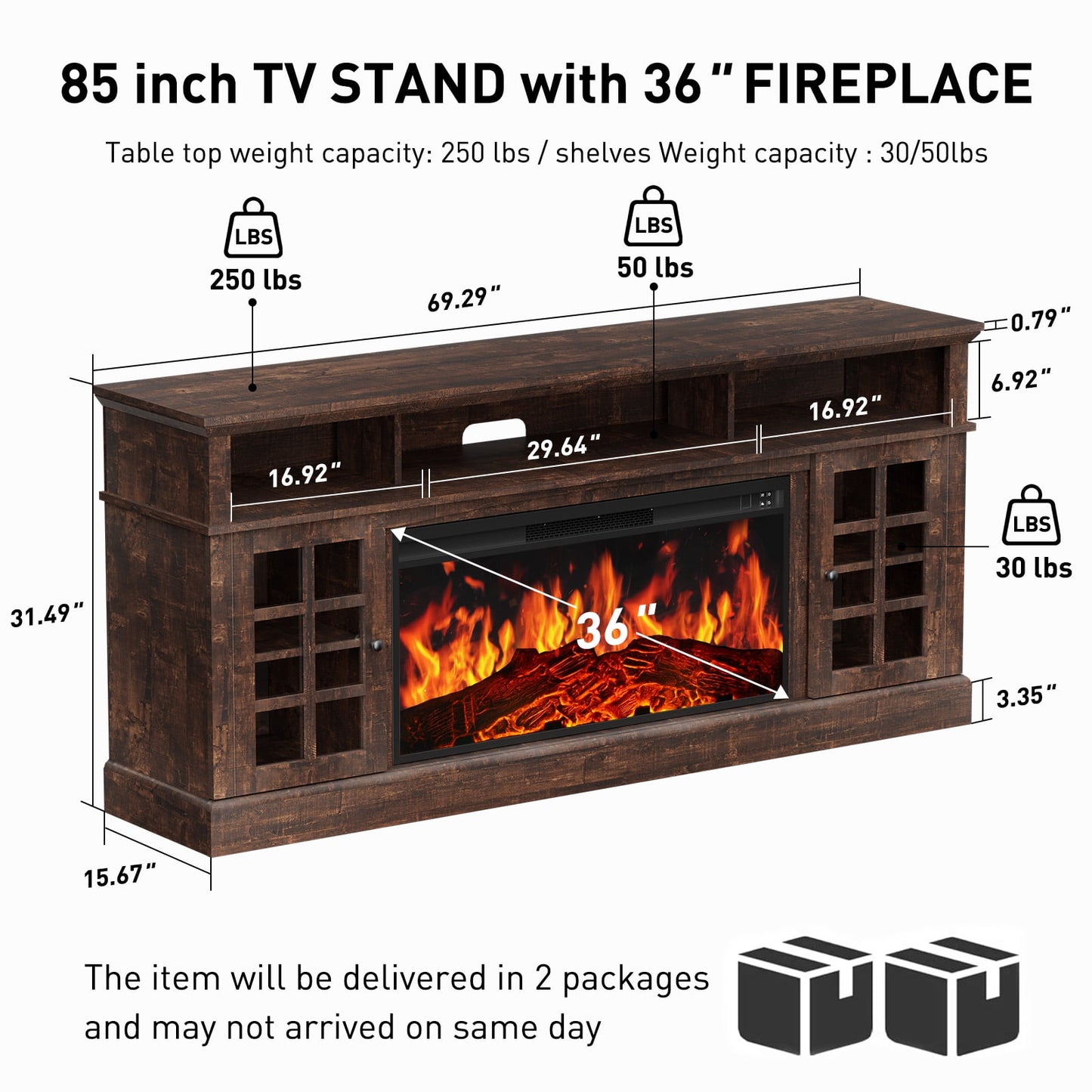 Electric Fireplace TV Stand up to 85" TVs, Farmhouse Entertainment Center wiht 36" Fireplace for Living Room, Vintage Brown