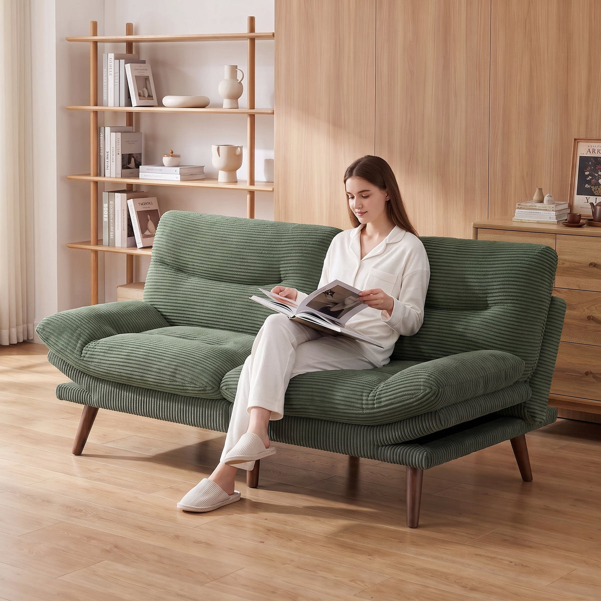 CHITOOMA 75" Futon Sofa Bed with Adjustable Backrest and Armrests, Convertible Sleeper Couch for Living Room, Bedroom, Apartment or Office, Green