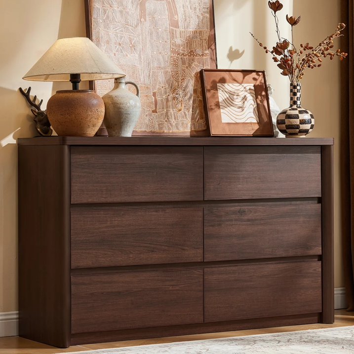CHITOOMA Bedroom Furniture Sets with 6 Drawer Dresser & Nightstands Set, Walnut