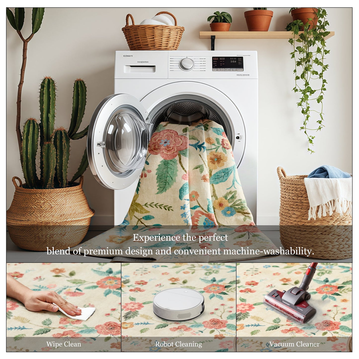 CHITOOMA 2'x6' Runner Rugs for Hallway, Modern Floral Runner Rugs Machine Washable Rugs, Botanical Indoor Carpet Soft Rugs for Bedroom Dining Room Dorm Office, Beige