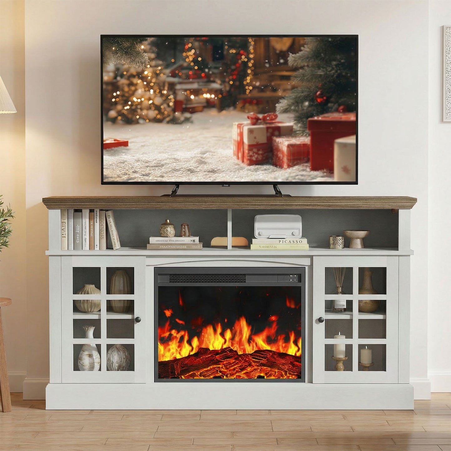 Electric Fireplace TV Stand up to 75" TVs, Farmhouse Entertainment Center wiht 23" Fireplace for Living Room, White
